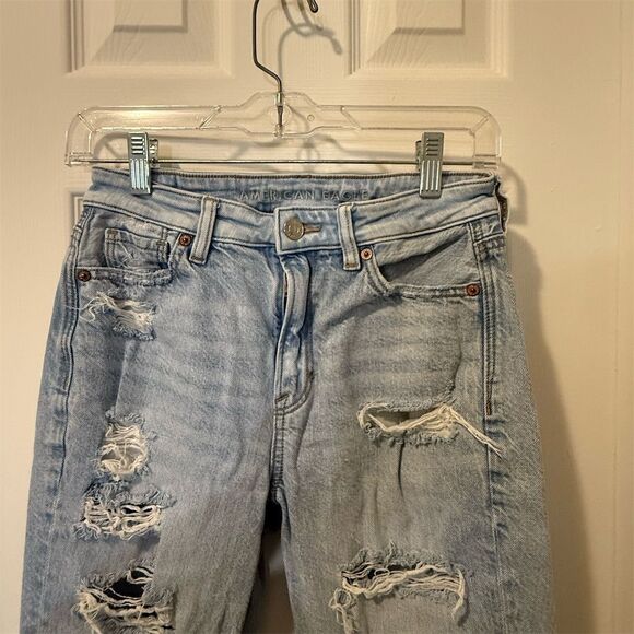American Eagle Women's High Rise Distressed Grunge Mom Jeans Size 0 Blue - Picture 5 of 10